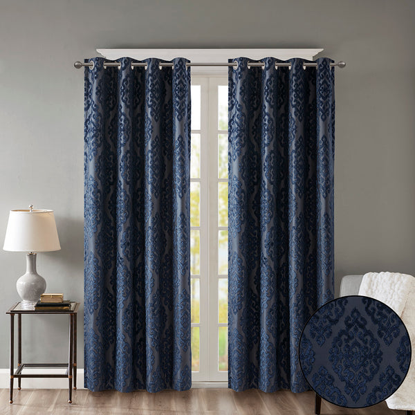 English Elm Knitted Jacquard Damask Total Blackout Grommet Curtain Panel - Luxurious Design, Noise Reduction, Energy Efficient B03599819