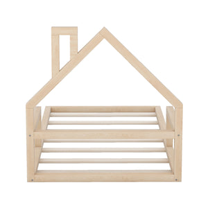 English Elm Twin House-Shaped Floor Bed for Kids Twin Size Pine Wood Frame with Playful Headboard, Stylish Decor & Sturdy Support Natural WF304145AAN