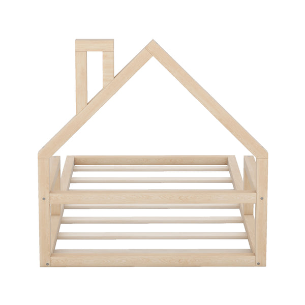 English Elm Twin House-Shaped Floor Bed for Kids Twin Size Pine Wood Frame with Playful Headboard, Stylish Decor & Sturdy Support Natural WF304145AAN