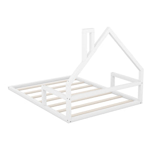 English Elm Full Full Size Wood Floor Bed with Charming House Headboard, Sleek Pine/MDF Design for Cozy Bedrooms White WF304146AAK