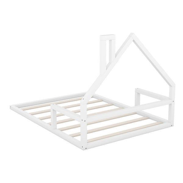 English Elm Full Full Size Wood Floor Bed with Charming House Headboard, Sleek Pine/MDF Design for Cozy Bedrooms White WF304146AAK