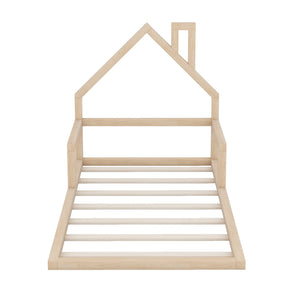English Elm Twin House-Shaped Floor Bed for Kids Twin Size Pine Wood Frame with Playful Headboard, Stylish Decor & Sturdy Support Natural WF304145AAN