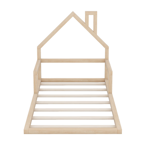 English Elm Twin House-Shaped Floor Bed for Kids Twin Size Pine Wood Frame with Playful Headboard, Stylish Decor & Sturdy Support Natural WF304145AAN