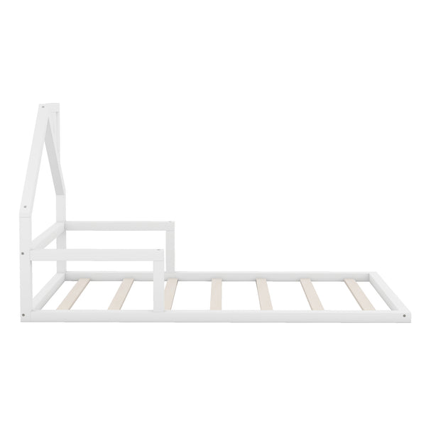 English Elm Twin House-Shaped Floor Bed for Kids Twin Size Pine Wood Frame with Playful Headboard, Stylish Decor & Sturdy Support White WF304145AAK