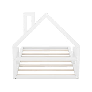 English Elm Twin House-Shaped Floor Bed for Kids Twin Size Pine Wood Frame with Playful Headboard, Stylish Decor & Sturdy Support White WF304145AAK