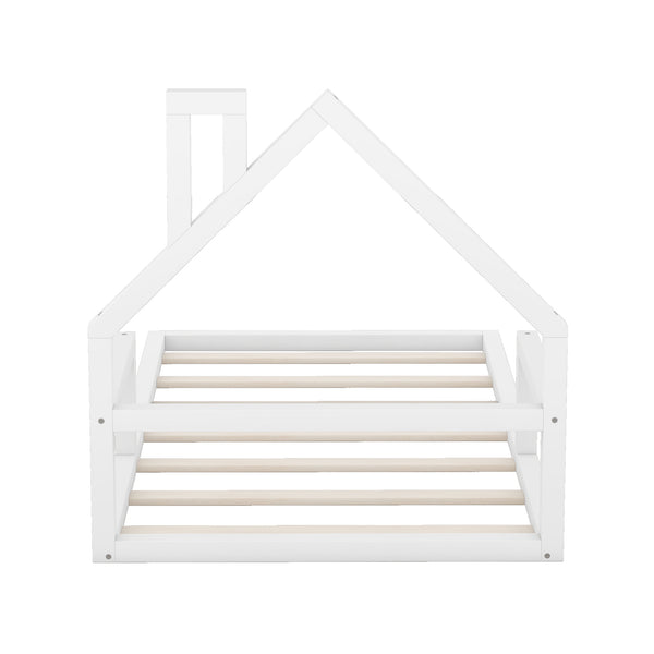 English Elm Twin House-Shaped Floor Bed for Kids Twin Size Pine Wood Frame with Playful Headboard, Stylish Decor & Sturdy Support White WF304145AAK