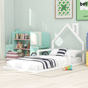 English Elm Twin House-Shaped Floor Bed for Kids Twin Size Pine Wood Frame with Playful Headboard, Stylish Decor & Sturdy Support White WF304145AAK