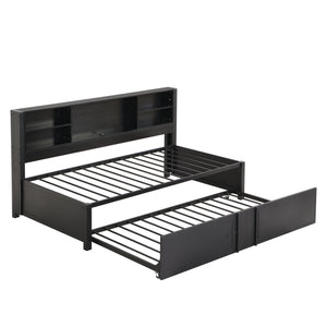 English Elm Metal Twin Size Daybed with Trundle, Built-In Shelves & USB Charging Ports for Small Spaces Black GX001118AAB