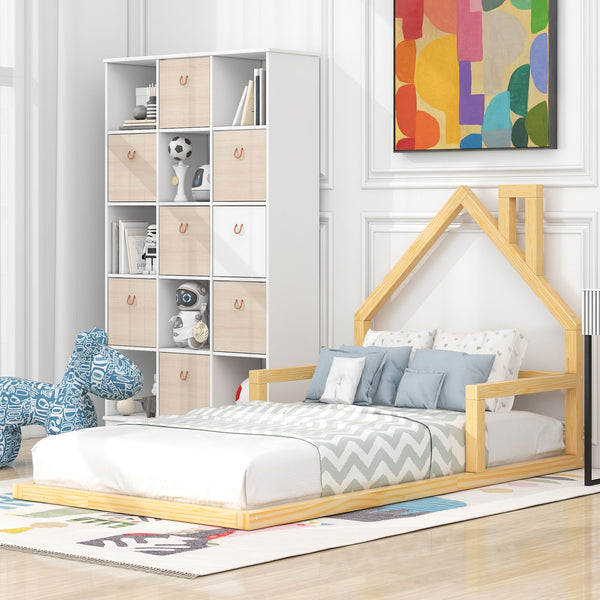 English Elm Twin House-Shaped Floor Bed for Kids Twin Size Pine Wood Frame with Playful Headboard, Stylish Decor & Sturdy Support Natural WF304145AAN
