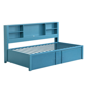 English Elm Metal Twin Size Daybed with Trundle, Built-In Shelves & USB Charging Ports for Small Spaces Blue GX001118AAC