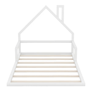 English Elm Full Full Size Wood Floor Bed with Charming House Headboard, Sleek Pine/MDF Design for Cozy Bedrooms White WF304146AAK