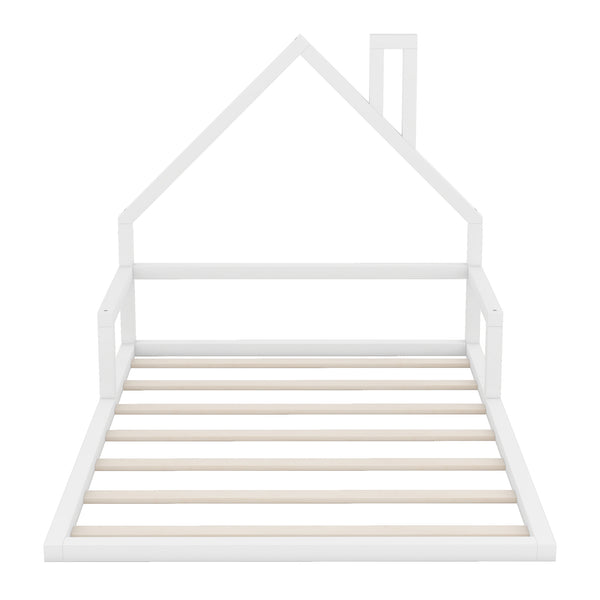 English Elm Full Full Size Wood Floor Bed with Charming House Headboard, Sleek Pine/MDF Design for Cozy Bedrooms White WF304146AAK