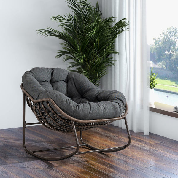 English Elm Outdoor Rattan Rocking Chair Oversized Hand-Woven Egg Recliner with Plush Cushion, Durable Steel Frame, Weather-Resistant Comfort for Patio Grey W640105282