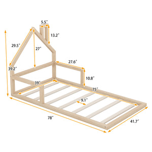 English Elm Twin House-Shaped Floor Bed for Kids Twin Size Pine Wood Frame with Playful Headboard, Stylish Decor & Sturdy Support Natural WF304145AAN