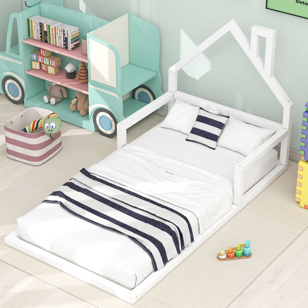 English Elm Twin House-Shaped Floor Bed for Kids Twin Size Pine Wood Frame with Playful Headboard, Stylish Decor & Sturdy Support White WF304145AAK