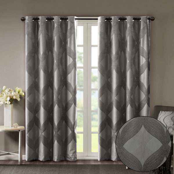 English Elm Ogee Knitted Jacquard Total Blackout Curtain Panel - Elegant Design With Noise Reduction & Insulation B03599795