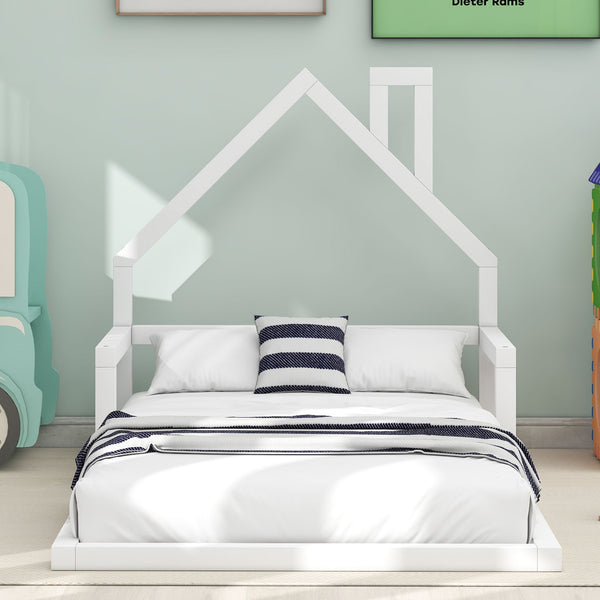 English Elm Twin House-Shaped Floor Bed for Kids Twin Size Pine Wood Frame with Playful Headboard, Stylish Decor & Sturdy Support White WF304145AAK