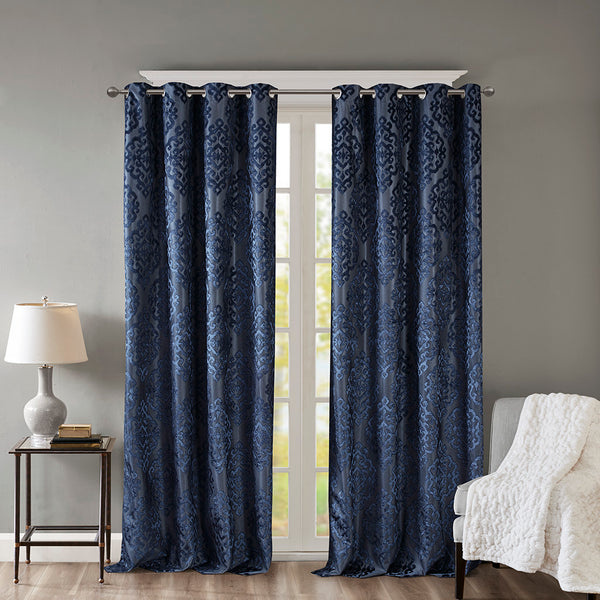 English Elm Knitted Total Blackout Jacquard Damask Curtain Panel - Elegant Grommet Top For Ultimate Privacy B03599818