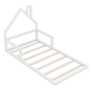 English Elm Twin House-Shaped Floor Bed for Kids Twin Size Pine Wood Frame with Playful Headboard, Stylish Decor & Sturdy Support White WF304145AAK