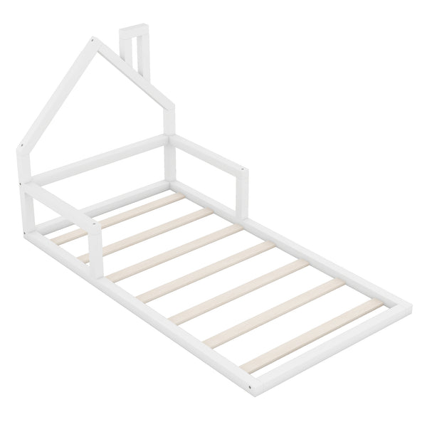 English Elm Twin House-Shaped Floor Bed for Kids Twin Size Pine Wood Frame with Playful Headboard, Stylish Decor & Sturdy Support White WF304145AAK