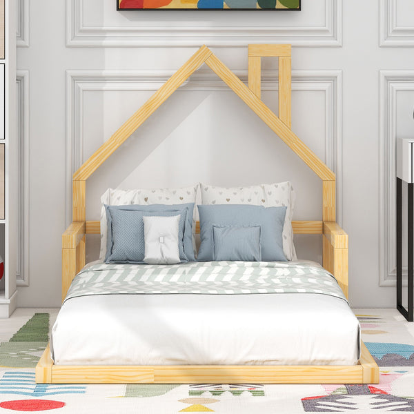English Elm Twin House-Shaped Floor Bed for Kids Twin Size Pine Wood Frame with Playful Headboard, Stylish Decor & Sturdy Support Natural WF304145AAN