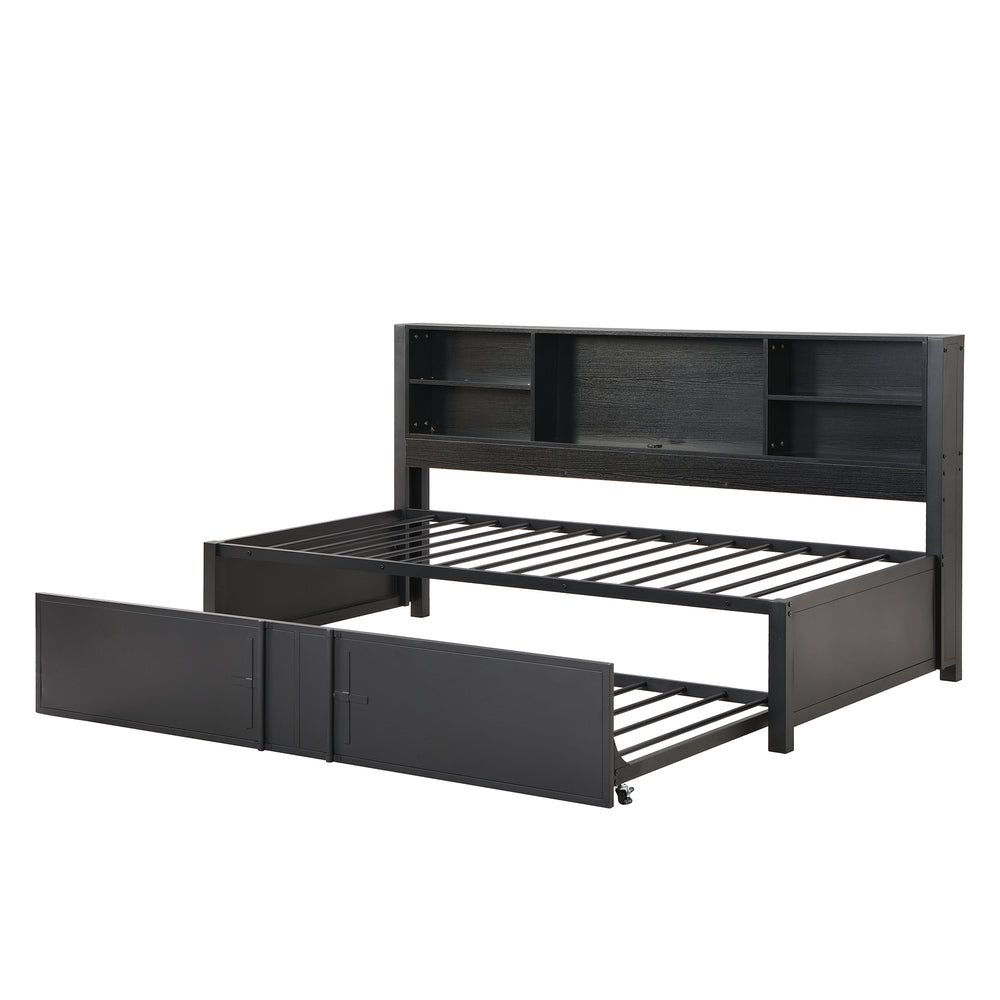English Elm Metal Twin Size Daybed with Trundle, Built-In Shelves & USB Charging Ports for Small Spaces Black GX001118AAB
