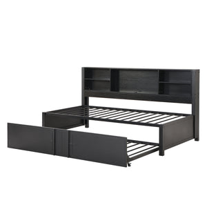 English Elm Metal Twin Size Daybed with Trundle, Built-In Shelves & USB Charging Ports for Small Spaces Black GX001118AAB
