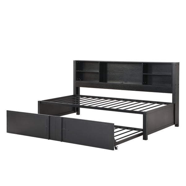 English Elm Metal Twin Size Daybed with Trundle, Built-In Shelves & USB Charging Ports for Small Spaces Black GX001118AAB