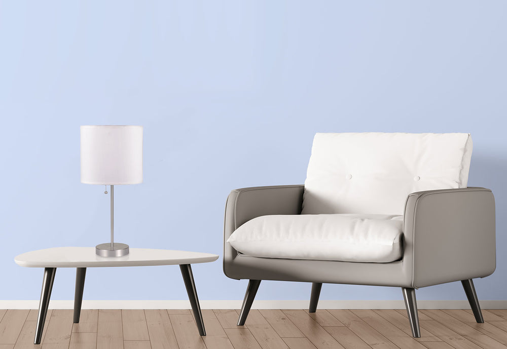 English Elm 19"H Brushed Nickel Pull Table Lamp with White Fabric Shade, 9" Dia, Metal Base, UL Listed, 40W Max B080107014