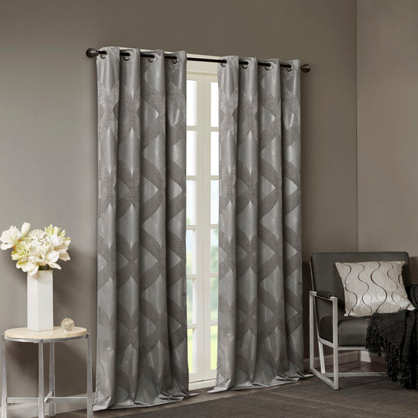 English Elm Ogee Knitted Jacquard Total Blackout Curtain Panel - Luxurious Charcoal Design For Ultimate Privacy B03599796
