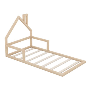 English Elm Twin House-Shaped Floor Bed for Kids Twin Size Pine Wood Frame with Playful Headboard, Stylish Decor & Sturdy Support Natural WF304145AAN