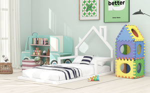 English Elm Twin House-Shaped Floor Bed for Kids Twin Size Pine Wood Frame with Playful Headboard, Stylish Decor & Sturdy Support White WF304145AAK