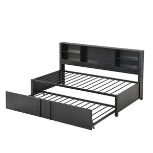English Elm Metal Twin Size Daybed with Trundle, Built-In Shelves & USB Charging Ports for Small Spaces Black GX001118AAB