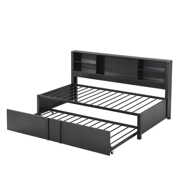 English Elm Metal Twin Size Daybed with Trundle, Built-In Shelves & USB Charging Ports for Small Spaces Black GX001118AAB