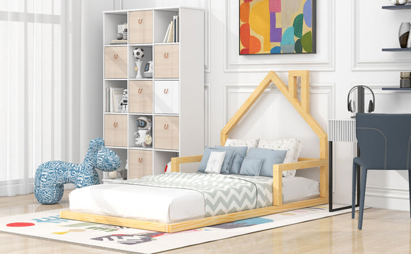 English Elm Twin House-Shaped Floor Bed for Kids Twin Size Pine Wood Frame with Playful Headboard, Stylish Decor & Sturdy Support Natural WF304145AAN