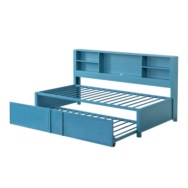 English Elm Metal Twin Size Daybed with Trundle, Built-In Shelves & USB Charging Ports for Small Spaces Blue GX001118AAC
