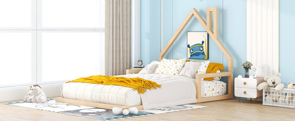 English Elm Full Full Size Wood Floor Bed with Charming House Headboard, Sleek Pine/MDF Design for Cozy Bedrooms Natural WF304146AAN