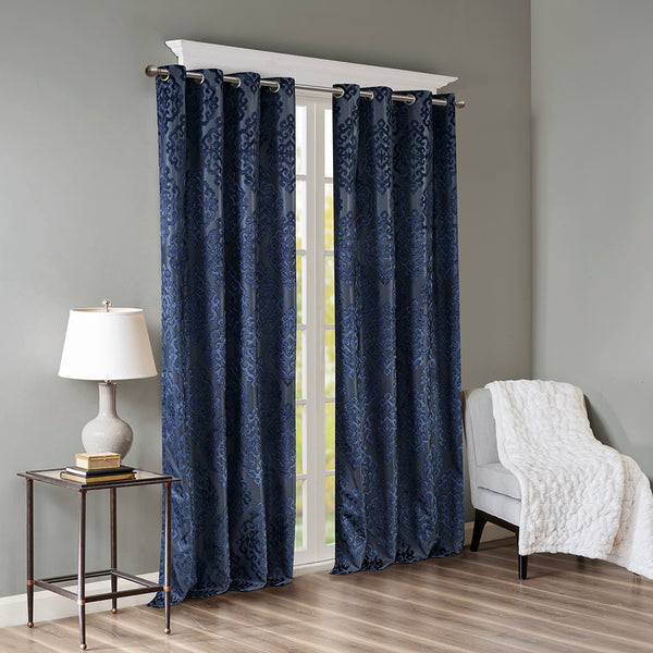 English Elm Knitted Total Blackout Jacquard Damask Curtain Panel - Elegant Grommet Top For Ultimate Privacy B03599818
