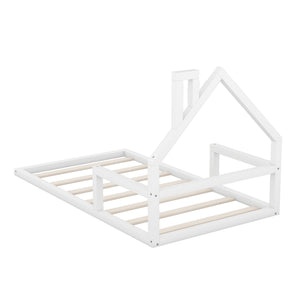 English Elm Twin House-Shaped Floor Bed for Kids Twin Size Pine Wood Frame with Playful Headboard, Stylish Decor & Sturdy Support White WF304145AAK