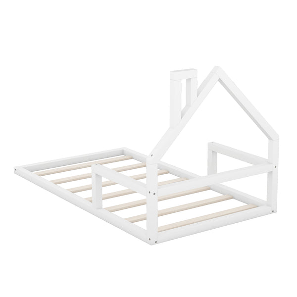 English Elm Twin House-Shaped Floor Bed for Kids Twin Size Pine Wood Frame with Playful Headboard, Stylish Decor & Sturdy Support White WF304145AAK