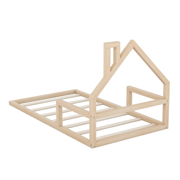 English Elm Twin House-Shaped Floor Bed for Kids Twin Size Pine Wood Frame with Playful Headboard, Stylish Decor & Sturdy Support Natural WF304145AAN