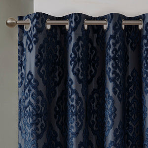 English Elm Knitted Total Blackout Jacquard Damask Curtain Panel - Elegant Grommet Top For Ultimate Privacy B03599818