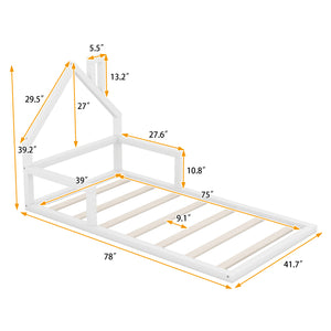 English Elm Twin House-Shaped Floor Bed for Kids Twin Size Pine Wood Frame with Playful Headboard, Stylish Decor & Sturdy Support White WF304145AAK