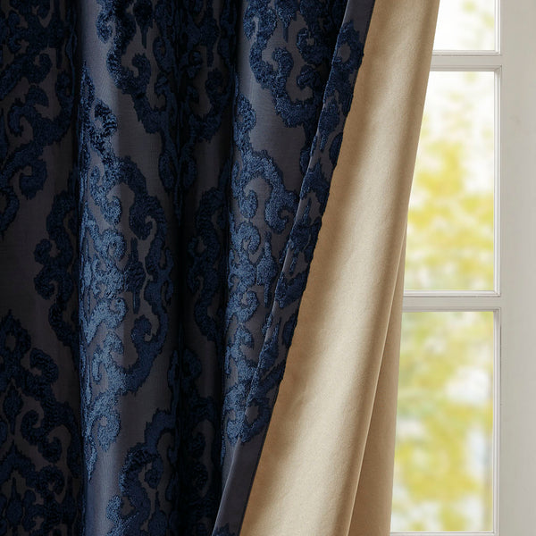 English Elm Knitted Total Blackout Jacquard Damask Curtain Panel - Elegant Grommet Top For Ultimate Privacy B03599818