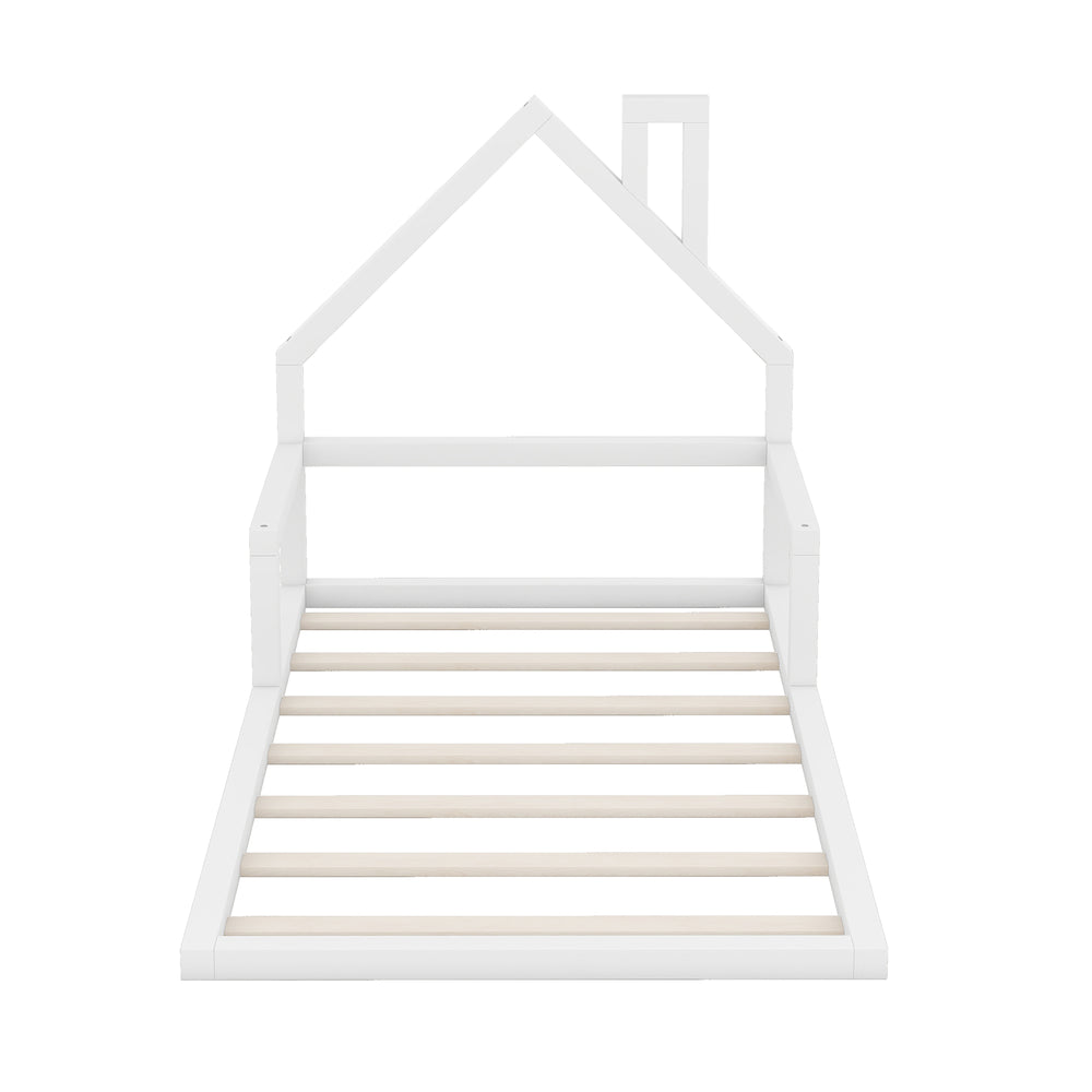 English Elm Twin House-Shaped Floor Bed for Kids Twin Size Pine Wood Frame with Playful Headboard, Stylish Decor & Sturdy Support White WF304145AAK