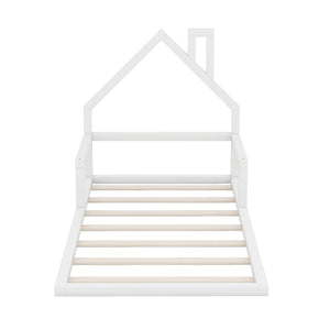 English Elm Twin House-Shaped Floor Bed for Kids Twin Size Pine Wood Frame with Playful Headboard, Stylish Decor & Sturdy Support White WF304145AAK