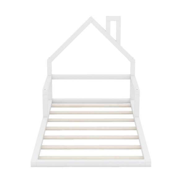 English Elm Twin House-Shaped Floor Bed for Kids Twin Size Pine Wood Frame with Playful Headboard, Stylish Decor & Sturdy Support White WF304145AAK