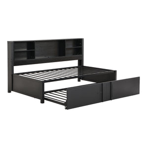 English Elm Metal Twin Size Daybed with Trundle, Built-In Shelves & USB Charging Ports for Small Spaces Black GX001118AAB