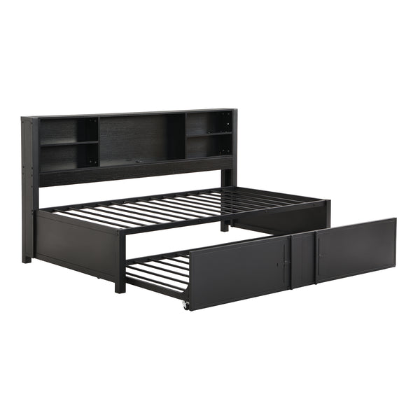 English Elm Metal Twin Size Daybed with Trundle, Built-In Shelves & USB Charging Ports for Small Spaces Black GX001118AAB