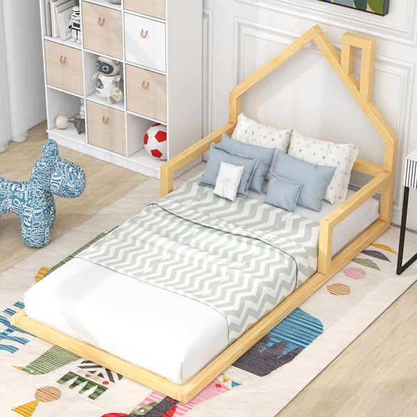 English Elm Twin House-Shaped Floor Bed for Kids Twin Size Pine Wood Frame with Playful Headboard, Stylish Decor & Sturdy Support Natural WF304145AAN
